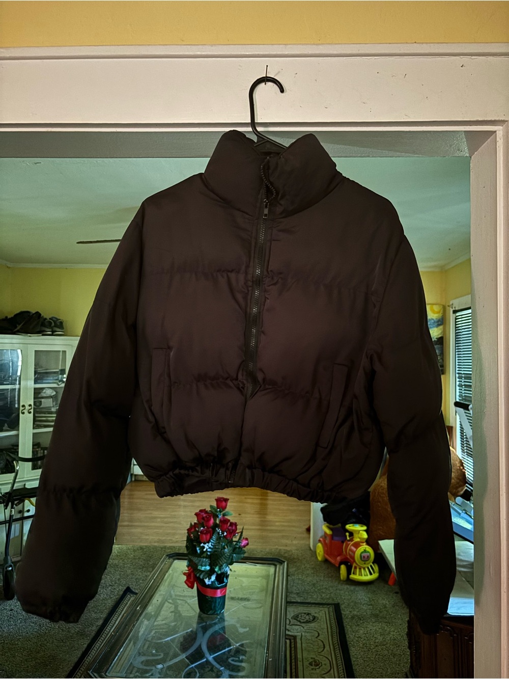 Women’s Black Cropped Puffer Jacket with High Collar